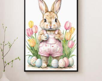 Floral Overalls Bunny Print, Watercolor Easter Decor (Digital Download)