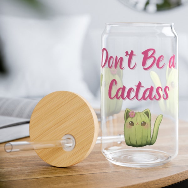 Cactus Cat 16oz Sipper Glassware for Summer, Cat Cactus Drinking Glass for Gift, Cactus Cat Themed Sipper Glass, Cat Glass for Cat Lover