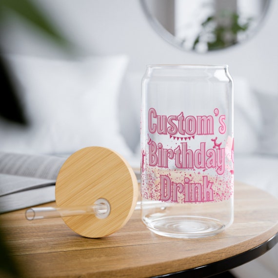 Customized Birthday Glass Sipper with Wooden Lid and Straw for Birthday Girl, Personalized Glassware for Birthday Alcohol Beverage