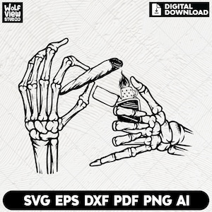 May include: Black and white illustration of two skeletal hands, one holding a lit cigarette and the other holding a lighter.