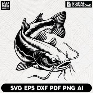 May include: Black and white illustration of two catfish swimming in opposite directions. The image is a digital download and includes SVG, EPS, DXF, PDF, PNG, and AI file formats. The Wolf View Studio logo is in the upper left corner.