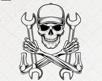 Schädel Mechanik SVG: Schraubenschlüssel & Werkzeuge Grafik (Digitaler Download)
