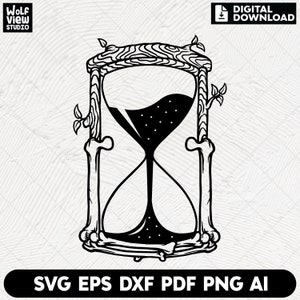 May include: Black and white illustration of an hourglass with a wooden frame and bone-like sides. The hourglass is filled with sand and has a small amount of sand in the bottom bulb. The hourglass is surrounded by small leaves.
