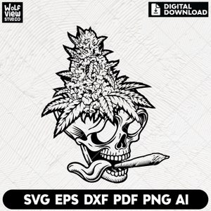 May include: Black and white illustration of a skull with a marijuana plant growing out of its head and a joint in its mouth.