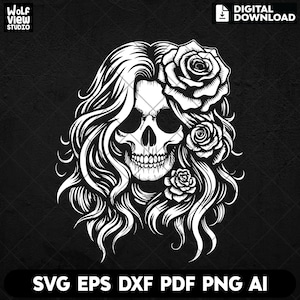 花柄の女性の頭蓋骨 SVG、花柄の女性の SVG、頭蓋骨 SVG、女の子の花 SVG、頭蓋骨のバラ SVG、ゴシック SVG、花柄の女性のシャツ、デジタル ダウンロード