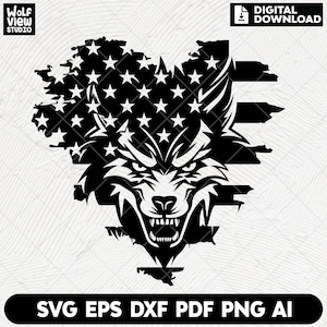 May include: A black and white digital design of a wolf's head inside a heart-shaped American flag. The wolf's eyes are wide open and its mouth is open in a snarl. The flag is distressed and has a ripped edge.