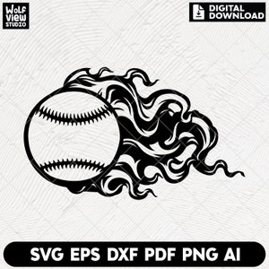 May include: Black and white illustration of a baseball with flames behind it. The baseball has stitching and a classic design.