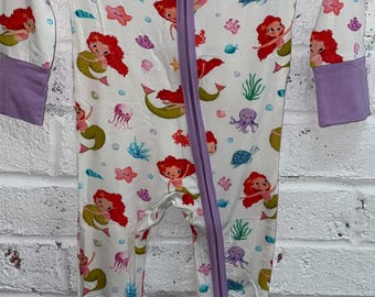 Pijama infantil de bambu com zíper | Estampa de sereia | Macio e elástico | Pijama de bambu para bebês | Edição limitada
