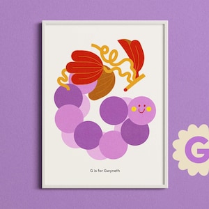 Impresión inicial para guardería, póster con la letra G UVAS, impresión de nombre personalizada, arte de pared con alfabeto personalizado, decoración de habitación infantil, regalo de cumpleaños y recién nacido