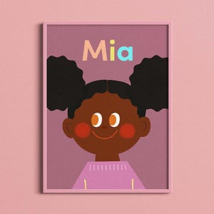 Custom Kids Portrait with Name, Girl Illustration - Curly Buns, Personalized Nursery Print, Children Room Wall Art, Colorful Unique Decor