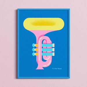 Impresión de nombre personalizada, póster con la letra T de TROMPETA, decoración musical de mediados de siglo para habitación infantil, arte mural con iniciales para guardería, regalo de cumpleaños personalizado