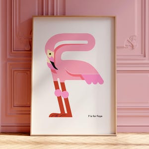 Lámina infantil con inicial rosa, póster con la letra F de flamenco, arte mural personalizado con el alfabeto, decoración para habitación infantil con nombre personalizado, regalo de cumpleaños para recién nacidos.
