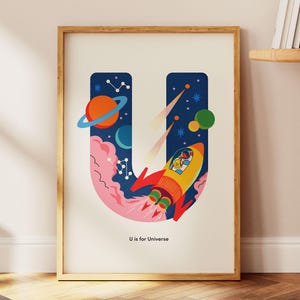 Decoración de pared con la inicial de astronauta, letra U de UNIVERSO, impresión de nombre personalizada para un joven científico, arte infantil con temática espacial, regalo personalizado