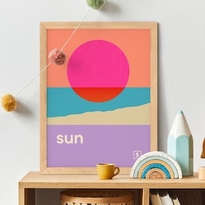 Abstrakte Geometrische Wand Kunst, Sun Poster, Retro Bauhaus Stil Druck, Bold Minimal, Shine Hell Sommer Poster, Coole Mädchen & Jungen Schlafzimmer Dekor