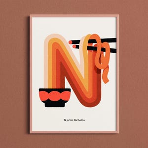 Impressão do alfabeto Ramen, pôster da LETRA N NOODLE, Tóquio retrô, arte de parede com nome personalizado, decoração de berçário com inicial personalizada, presente de aniversário para quarto de meninos
