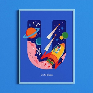 Impresión de nombre personalizada del espacio, póster de la letra U del universo, arte de pared con alfabeto personalizado, decoración de guardería de astronauta, inicial de habitación de niños, regalo de cumpleaños