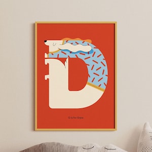 Impresión inicial para guardería, póster con la letra D de perro, arte mural con el alfabeto personalizado, impresión con nombre personalizado, decoración para habitación de niños, regalo de cumpleaños y para recién nacidos