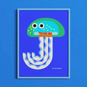 Impresión de nombre inicial, póster de medusas con la letra J, arte mural personalizado con el alfabeto, guardería con temática oceánica, decoración de habitación infantil, regalo de cumpleaños personalizado