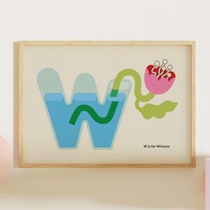 Impresión floral inicial para guardería, póster con la letra W (AGUA), decoración natural para habitación infantil, nombre personalizado, arte mural con alfabeto personalizado, regalo para recién nacidos