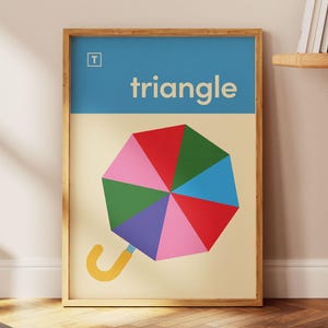 Mid Century Kinderzimmer-Druck, dreieckiger Regenschirm Poster, geometrische Kinderwandkunst, Lernform, mutige minimale Arbeitszimmerdekoration, Hausschulgeschenk