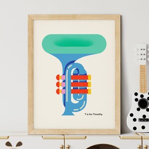 Impresión de nombre de guardería personalizada, póster de TROMPETA con LETRA T, arte de pared con alfabeto personalizado, decoración inicial para habitación de niños, regalo de cumpleaños para amantes de la música