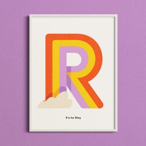 Impresión de nombre personalizada, póster de la letra R del arco iris, arte de pared con el alfabeto personalizado, impresión inicial única para guardería, linda decoración para habitación de niños, regalo para recién nacidos