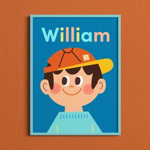 Retrato infantil personalizado con nombre, niño deportista con gorra, decoración moderna para habitación infantil, lámina de recuerdo para habitación infantil, arte mural para habitación infantil, regalo personalizado