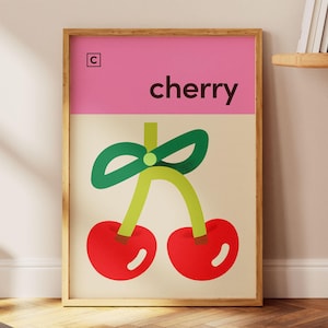 Kirsche Schleife Print, Mädchen Schlafzimmer Dekor, Niedliches Obst Kinderzimmer Wandkunst, Kawaii Küche Poster, Retro Adretter Rosa Ästhetik, Geschenk für Geliebte
