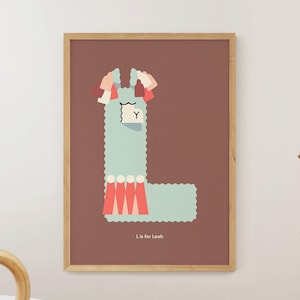 Impressão inicial personalizada, pôster da LETRA L LLAMA, arte de parede do alfabeto personalizado, impressão de nome de berçário exclusivo, decoração de quarto infantil legal, presente de aniversário