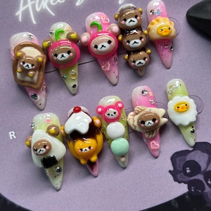 3D Rilakkuma Bear Sculpted Nails: Hand-Sculpted Charms