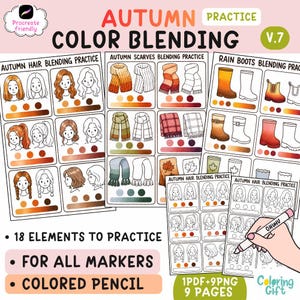 May include: A digital practice sheet titled Autumn Color Blending V.7 featuring 18 illustrated elements including hair, scarves, and rain boots. The sheet provides line art and colored examples for blending practice with markers or colored pencils.