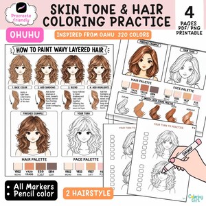 May include: A digital coloring practice sheet set titled Skin Tone & Hair Coloring Practice featuring four pages of printable PDF and PNG files. The sheets include step-by-step tutorials for painting wavy layered hair, color palettes, and practice outlines.