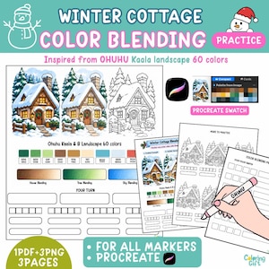 Può includere: Un foglio di pratica per colorare intitolato Winter Cottage Color Blending con illustrazioni di case innevate, tavolozze di colori per pennarelli Ohuhu, guide alla sfumatura per casa, albero e cielo e un riferimento per campioni Procreate.