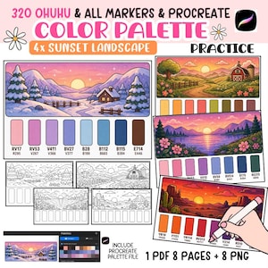 May include: A digital color palette guide for Ohuhu markers and Procreate featuring 320 colors. The document includes four sunset landscape illustrations, corresponding color swatches with codes, and line art templates for practice in a PDF format.