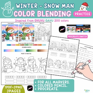 May include: A digital coloring practice worksheet titled Winter Snow Man Color Blending featuring line art of snowmen, color blending samples, and swatches. The page includes instructions for markers, colored pencils, and Procreate software.