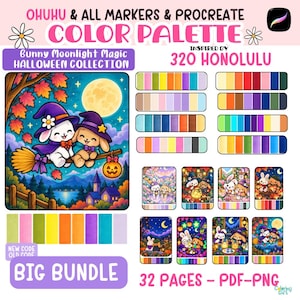 May include: A digital color palette for Ohuhu and Procreate featuring the Bunny Moonlight Magic Halloween collection. It includes a large illustration of two bunnies on a broomstick, multiple color swatches, and eight smaller scene thumbnails.