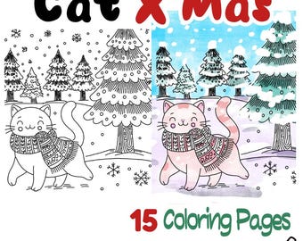 Dibujo para colorear de un gato navideño, dibujo para colorear para niños, descarga digital.