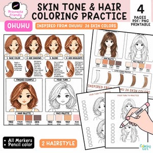 Peut inclure: Une fiche d'entraînement au coloriage intitulée Skin Tone & Hair Coloring Practice présentant quatre étapes pour colorier les cheveux, des palettes de couleurs pour marqueurs Ohuhu et des illustrations au trait de visages pour s'exercer.