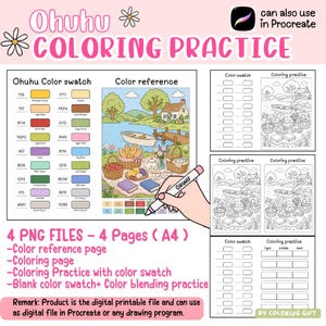 May include: A digital coloring practice set featuring four A4 pages with Ohuhu color swatches, a color reference illustration of a lakeside picnic, and blank coloring templates. The text includes Ohuhu Coloring Practice and 4 PNG Files.