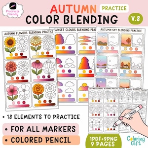 Peut inclure: Feuilles d'exercices numériques pour le mélange des couleurs d'automne avec 18 éléments dont des fleurs, des nuages au coucher du soleil et des ciels. Les pages incluent des dessins au trait, des palettes et des dégradés pour marqueurs.