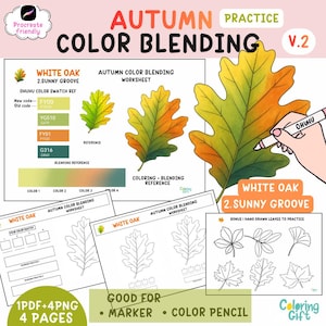 May include: An educational digital worksheet titled Autumn Color Blending V.2 featuring a White Oak leaf illustration. It includes Ohuhu colour swatches, blending references, and practice pages with line art of various leaves for markers or pencils.