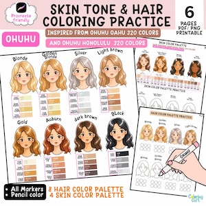 Peut inclure: Un ensemble de feuilles d'entraînement au coloriage numérique présentant huit visages illustrés avec diverses couleurs de cheveux, dont blond, argenté et noir. Les pages incluent des palettes de couleurs avec des codes de marqueurs, des nuanciers de peau.