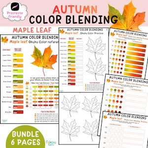 May include: A digital download bundle of six pages for autumn color blending practice featuring maple leaf outlines, color reference charts with Ohuhu marker codes, and blending guides in yellow, orange, red, and green tones for artistic coloring.