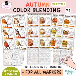 May include: An autumn color blending practice worksheet set featuring illustrations of birds, drinks, and harvest baskets. The pages include colored examples alongside black and white outlines with color swatches for markers, labeled with text including Autumn Color Blending Practice V.5.