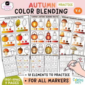 May include: A digital coloring practice sheet set titled Autumn Color Blending V.6, featuring 18 elements like leaves, pumpkins, and mushrooms. Includes colored examples, line art, and color swatches for blending practice, compatible with Procreate.