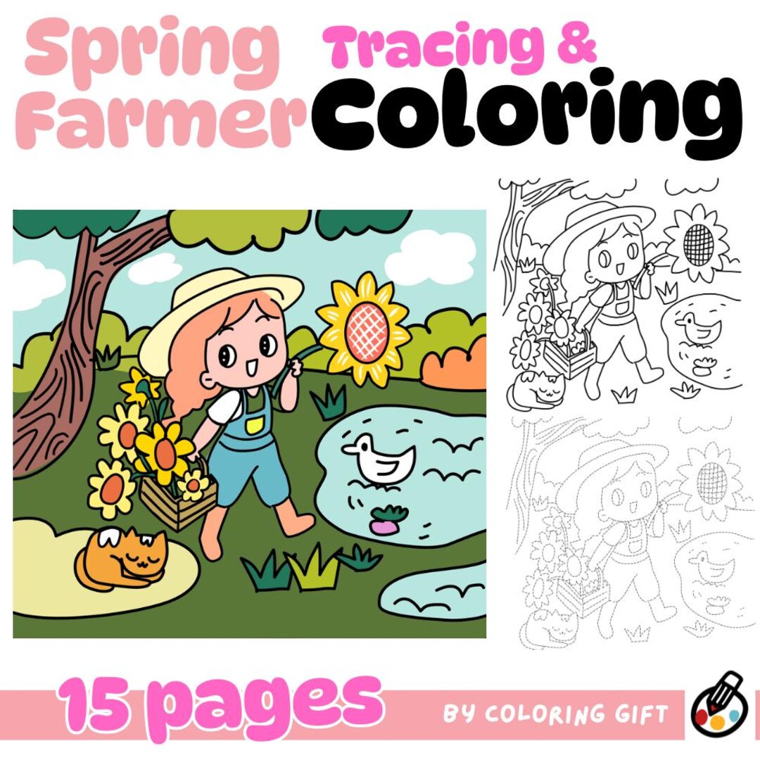 Hand Drawn Spring Farmer Tracing and Coloring 15 Pages - Etsy