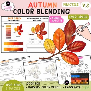 May include: An autumn color blending practice worksheet featuring a branch with yellow, orange, and red leaves. The document includes an Ohuhu color swatch reference, blending samples, and line art templates for markers, pencils, or digital art software.