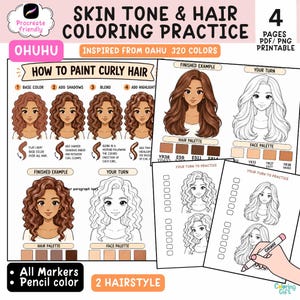 Op de afbeelding: Een vierpagina's tellende printbare kleur-oefengids getiteld Skin Tone & Hair Coloring Practice. De pagina's bevatten tutorials voor het schilderen van krullend en golvend haar, inclusief stapsgewijze instructies en kleurenpaletten.