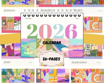 Calendario de pared imprimible 2026 / Estilo moderno y colorido / Calendario mensual de 26 páginas en PDF / Descarga instantánea
