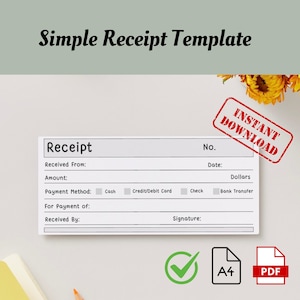 Printable Receipt Template. Customer Receipt, A4, Rent Receipt Template for Landlord, Small Business, Unlimited Access, PDF